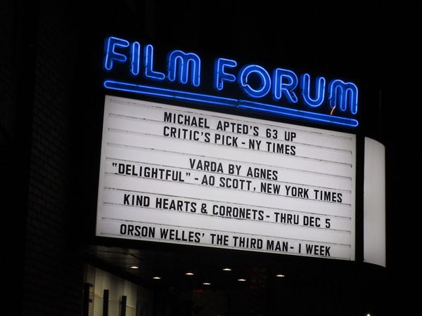 Michael Apted’s 63 Up and Agnès Varda’s Varda By Agnès on the Film Forum marquee over Thanksgiving