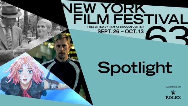 A poster for the 63rd New York Film Festival Spotlight strange, featuring partial images of a white man and woman walking down a street (in black and white), a white man standing in an urban area, and a pink-haired teenage girl with wide blue eyes (anime)