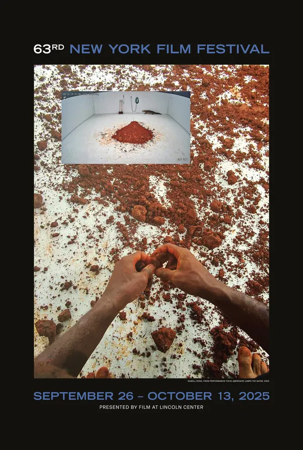 A poster. Black hands scatter red earth onto a smooth white floor beneath the words '63rd New York Film Festival'. Beneath the image ae the words 'September 26 to October 13 2025'.
