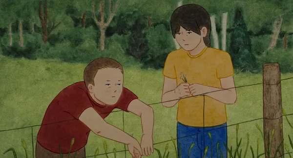 A boy leans over a fence and his sister stands next to him in this animated still