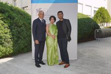 Asha Magrati and Deepak Rauniyar with Venice artistic director Alberto Barbera