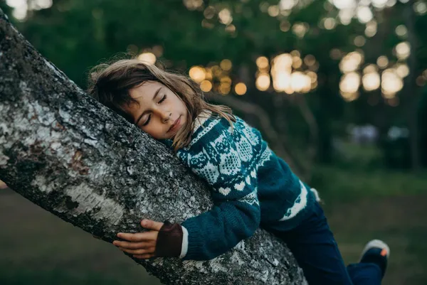 A still from the film A New Kind Of Wilderness. One evening, a long-haired white child wearing an owl-patterned blue jumper dozes while clinging to the bent trunk of a tree.