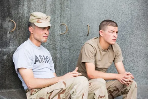 Alden Ehrenreich and Tye Sheridan in The Yellow Birds