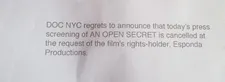 An Open Secret press screening cancellation