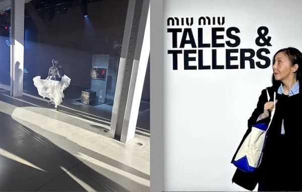 A middle aged white woman stands beside a wall on which the words 'Miu Miu Tales & Tellers' appear; around the corner, a dark figure in a flouncy white skirt dances through a lobby.