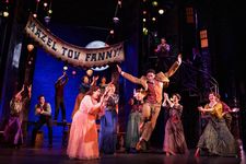 Fanny Brice (Beanie Feldstein) and the ensemble applaud Eddie Ryan (Jared Grimes)