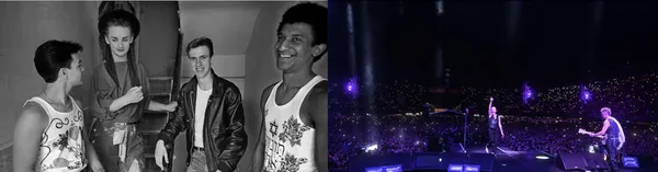A black and white image of Culture Club hanging out together at the height of their fame, stuck next to a colour image of Depeche Mode performing onstage in an arena.