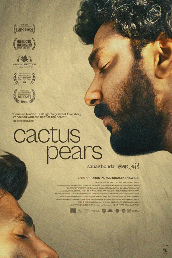 A poster for the film Cactus Pears. The partially visible faces of two Maharashtrian men regard one another affectionately from the upper right and lower left, with the title between them and a series of festival emblems on the upper left hand side.