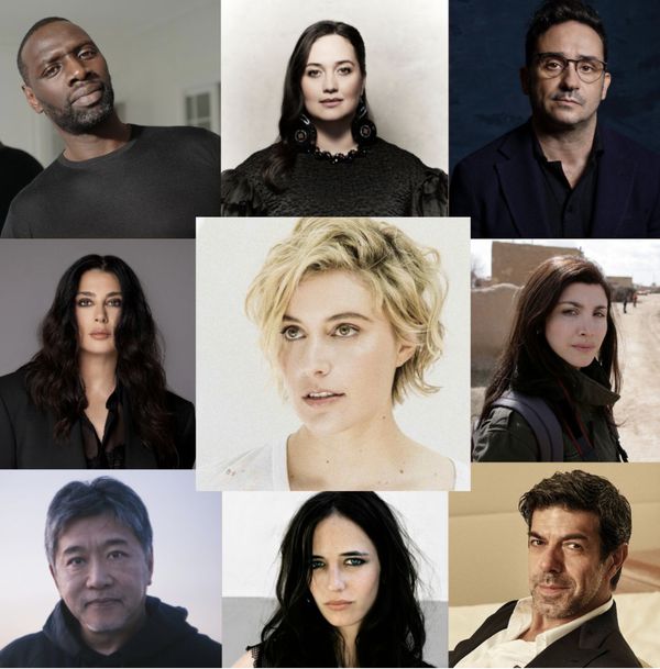 From top left: Omar Sy; Lily Gladstone; Juan Antonia Bayona; Nadine Labaki; Greta Gerwig; Ebru Celan; Hirokazu Kore-ada; Eva Green; and Pierfrancesco Favino (Pablo Arroyo).