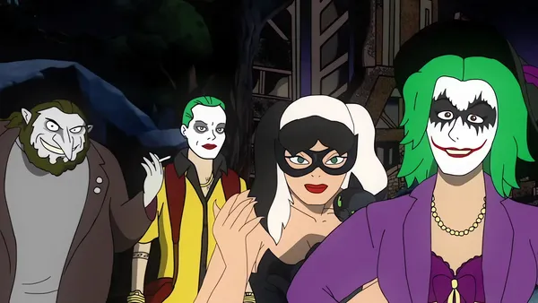 A cartoon image from the film The People's Joker. A plump man with pale grey skin, a long nose and a cigarette; a thin white man with a yellow jacket and green hair; a white woman with long blond hair and a black cat mask; and a green-haired white woman.