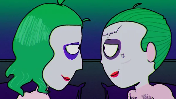 An animated still from the film The People's Joker. Two young, green-haired white people, one with long hair and the other with short hair, gaze lovingly into one another's eyes.