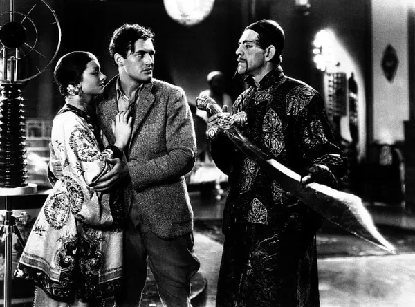 Charles Starrett, Myrna Loy and Boris Karloff in The Mask of Fu Manchu