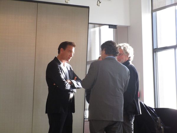 The Song Of Names star Clive Owen with producer Robert Lantos and director François Girard at Sony in New York