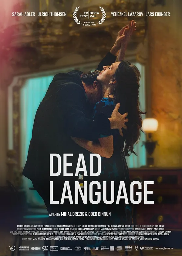 A poster for the film Dead Language, featuring a white man and woman caught up in an intense embrace on a dancefloor, the man's face invisible as he presses it into the woman's neck.