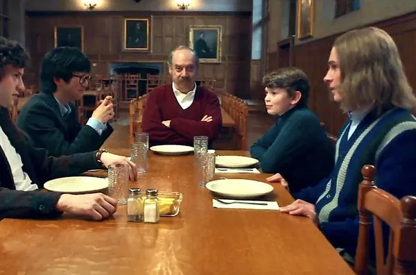 Dominic Sessa, Jim Kaplan, Paul Giamatti, Ian Dolley, Michael Provost and Da'Vine Joy Randolph in The Holdovers