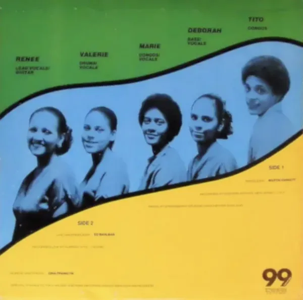 An EP cover with a green diagonal stripe at the top and a yellow one at the bottom. In between these is a blue stripe featuring the faces of a young Black man and four young Black women.