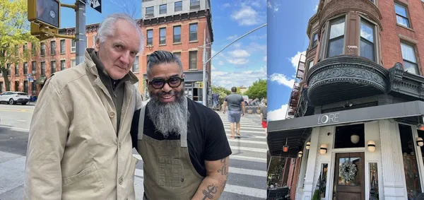 Two older men, one white and the other with light brown, tattooed skin, dark glasses and a thick grey beard, hang out on a street corner ion a sunny day; an adjacent image shows a restaurant called Lore.