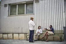 Daniel Webber, Daniel Radcliffe and Francis Annan at work