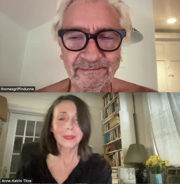 A white-haored older white man with dark-framed glasses is in one Zoom window, a brown-haired middle-aged white woman in the other.