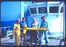 Harold E Edgerton and Jacques Cousteau on the USS Monitor sonar survey in 1979