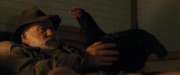 A still from the film Hen. In fading light, an old white man holds a chicken.