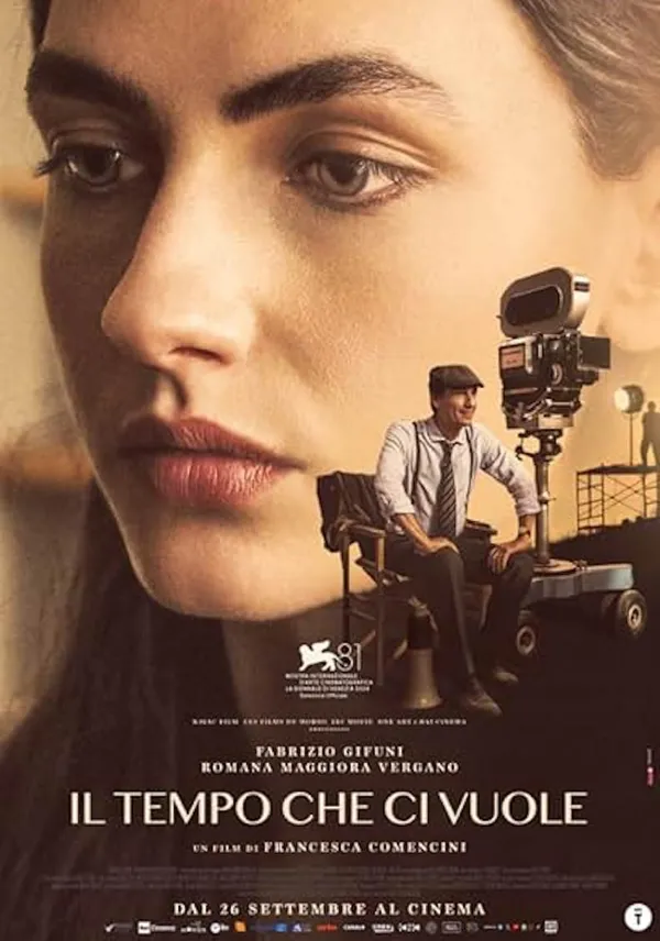 A poster for the film Il Tempo Che Ci Vuole. The face of a melancholy-looking young white woman. A middle-aged man surrounded by old fashioned film equipment has been superimposed over her left cheek.