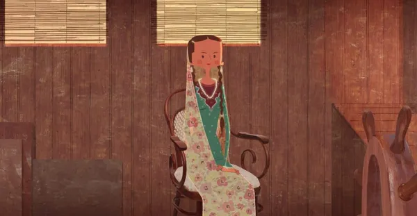 A still from the animated film In The Shadow Of The Cypress. A young woman wearing elegant Persian clothes sits alone in a wooden chair.