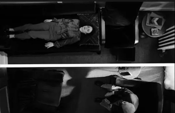 Ismenia Mendes and David Patrick Kelly in split screen format in Adieu Lacan