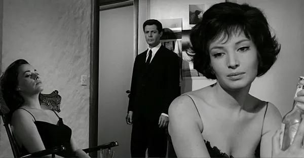 Jeanne Moreau with Marcello Mastroianni and Monica Vitti in La Notte