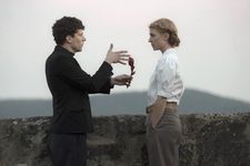 Jesse Eisenberg as Marcel Marceau with Clémence Poésy as Emma