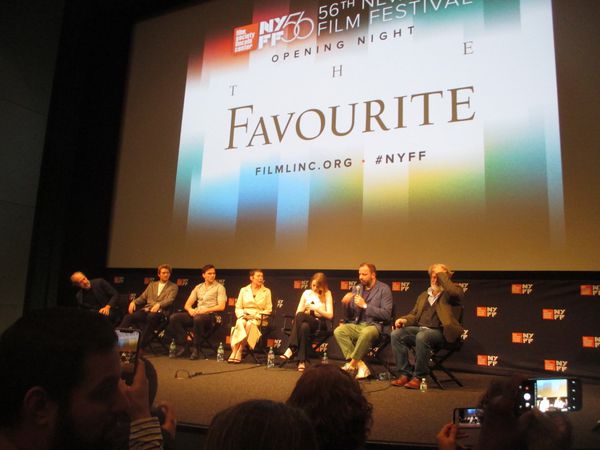 Kent Jones with Joe Alwyn, Nicholas Hoult, Olivia Colman, Emma Stone, Yorgos Lanthimos, and Tony McNamara on the 56th New York Film Festival Opening Night Gala selection The Favourite