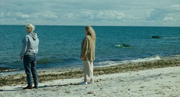 A still from the film We're Not Done Yet. A young white man and an older white woman stand on a beach looking out at the ocean.