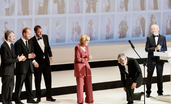 Karlovy Vary artistic advisor Eva Zaoralová with, from left, artistic director Karel Och,  production manager Petr Lintimer, executive director Kryštof Mucha, president of the festival Jiří Bartoška, and presenter Marek Eben