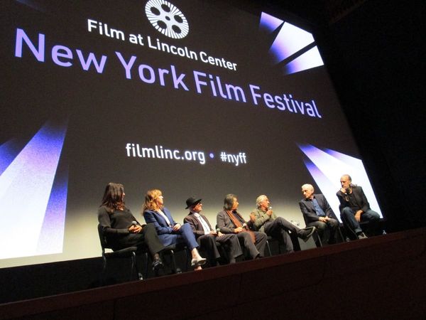 The Irishman producers Emma Tillinger Koskoff and Jane Rosenthal with Joe Pesci, Al Pacino, Robert De Niro, Martin Scorsese, and New York Film Festival Director Kent Jones at the press conference inside Alice Tully Hall