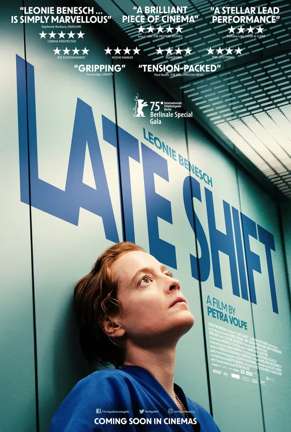 A poster for the film Late Shift. A white nurse leans her head back against a hospital corridor wall on which are written the words "Leonie Benesch. Late Shift.  A film by Petra Volpe."
