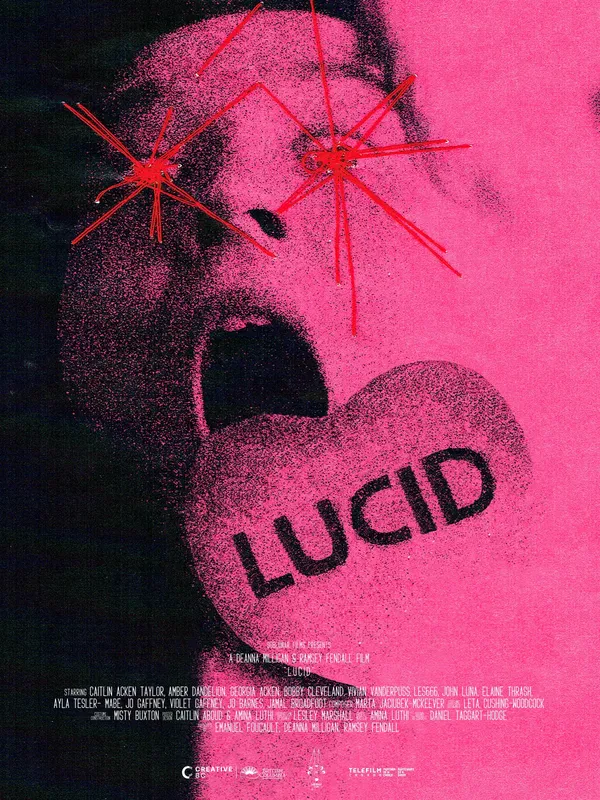 A poster for the film Lucid, in pink and black, with the face of a young woman whose eyes have been scratched out in red, and a giant heart-shaped candy featuring the word 'lucid'.