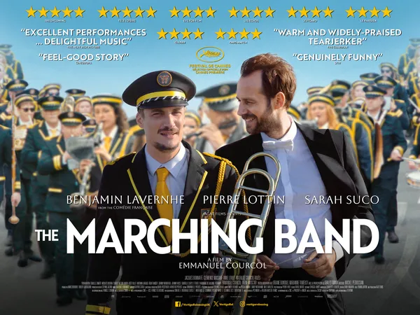 Poster for The Marching Band, two men are smiling in band gear