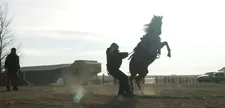 Marvin Noisy Hawk wrangling a horse