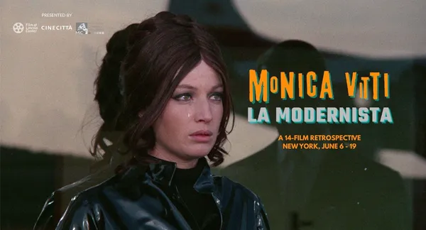 A poster featuring a dark-haired white woman in a black leather jacket, alongside the words 'Monica Vitti: La Modernista'.