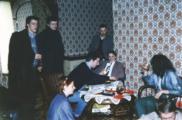 Stephen Morris, Ian Curtis and Peter Hook with Mark Reeder