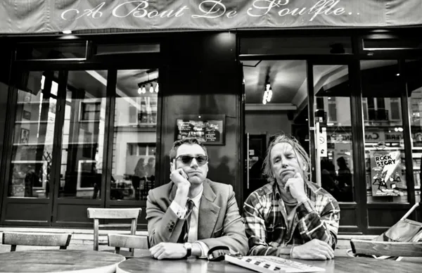 Godard lookalike Guillaume Marbeck (left) and Richard Linklater on the set of Nouvelle Vague