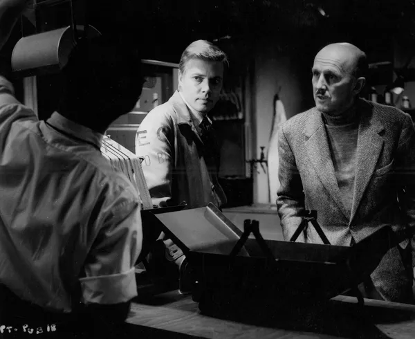Karlheinz Böhm and Michael Powell in a darkroom on the set of Peeping Tom