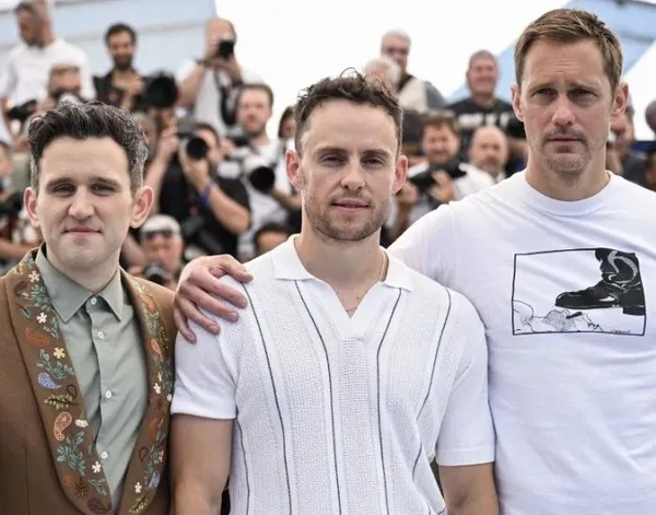 Harry Melling, Harry Lighton and Alexander Skarsgard in Cannes