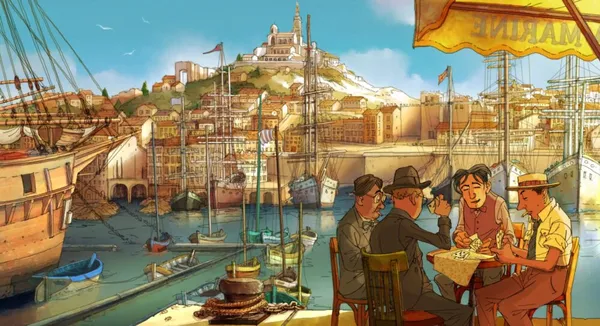 Animated image of a group of men sitting at a table on a docskide with a ship in port
