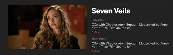 A flyer for Q&As with Director Atom Egoyan at the Quad Cinema, with a picture of a worried-looking blond white woman.