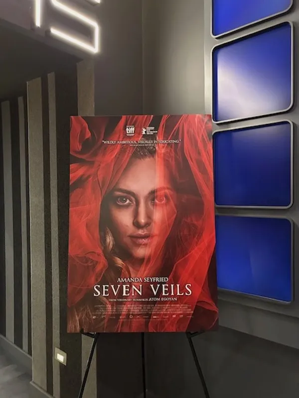 A Seven Veils poster at the Quad Cinema, featuring the face of a blond woman.