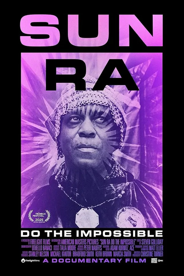 A purple and black poster for the film Sun Ra: Do The Impossible, featuring an elaborately dressed middle-aged Black man.