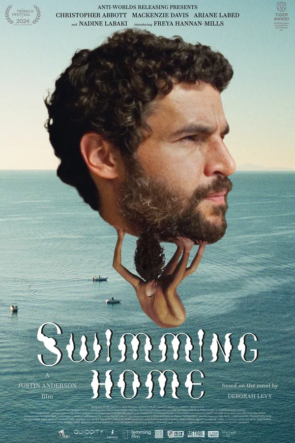 A poster for the film Swimming Home. Against a sunny seascape, the head of a dark-haired, bearded white man drifts, the twisted body of an anonymous dark-haired white woman clinging to its underside.