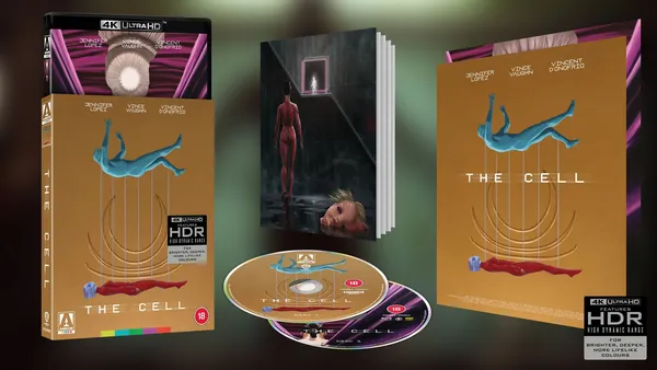 A UHD set of The Cell, with two discs lying in the foreground and boxes surrounding them.