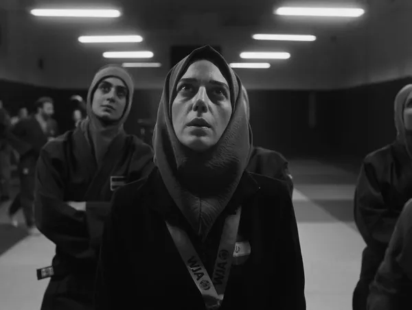 A black and white still from the film Tatami. A group of Iranian women in headscarves and dark coats stand in a long room illuminated by striplights, looking up.